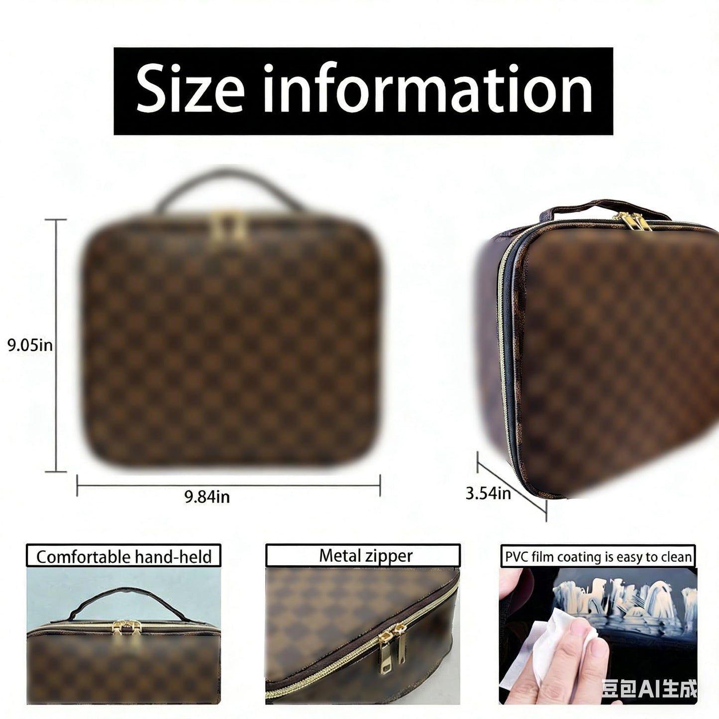 WANNES Brown Checkered Makeup Bag Organizer Travel Cosmetic Case with Brush Storage | Large Capacity Makeup & Skin Care Organizer with Adjustable Dividers | Stylish PU Leather Designer Vanity Bag