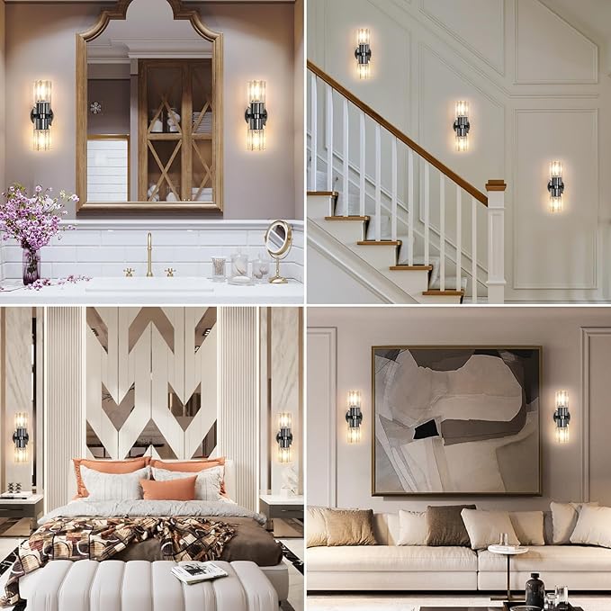 Crystal Wall Sconces Set of Two, 13'' Modern Brass Sconces Lighting with K9 Crystal Lampshade, Indoor Large Brass Wall Light Fixtures for Living Room Bathroom Hallway Stairs Bedroom