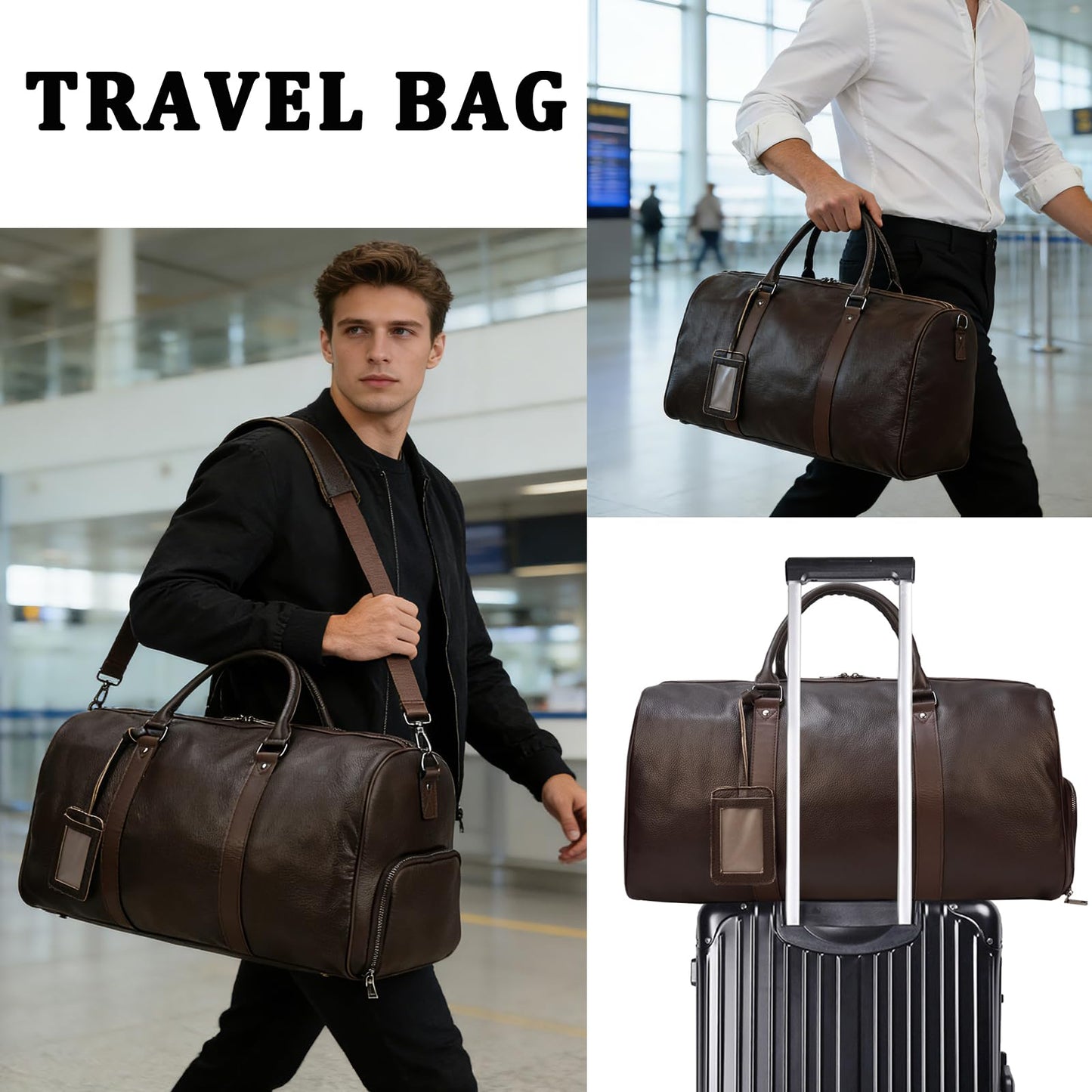 Leather Travel Duffle Bag with Shoe Pouch, Cabin Friendly Weekender Overnight Bags, Carry On Sports Gym Bag for Men Women