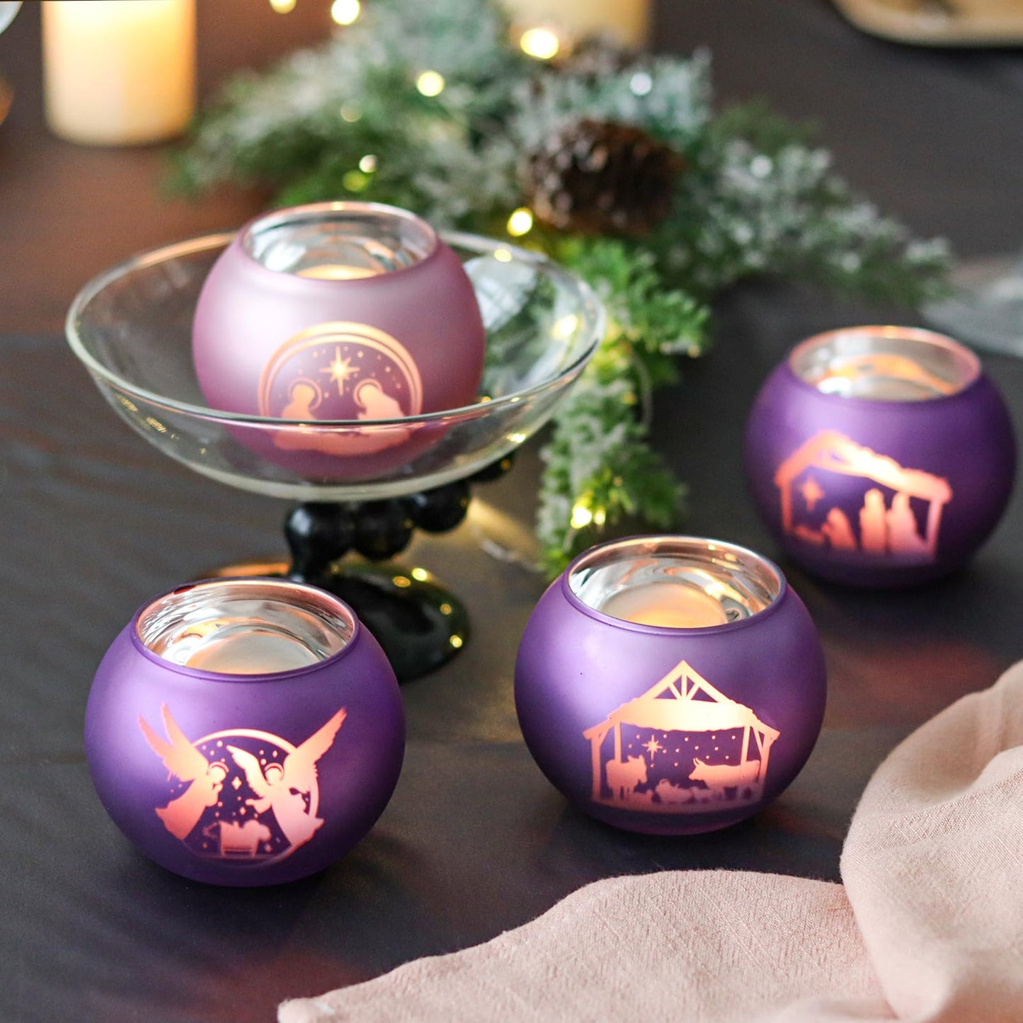 SYFURNIX Advent Candle Holders Set of 4, Glass Tealight Votive Candle Hodlers Tabletop Nativity Christmas Table Decorations Mantel Decor