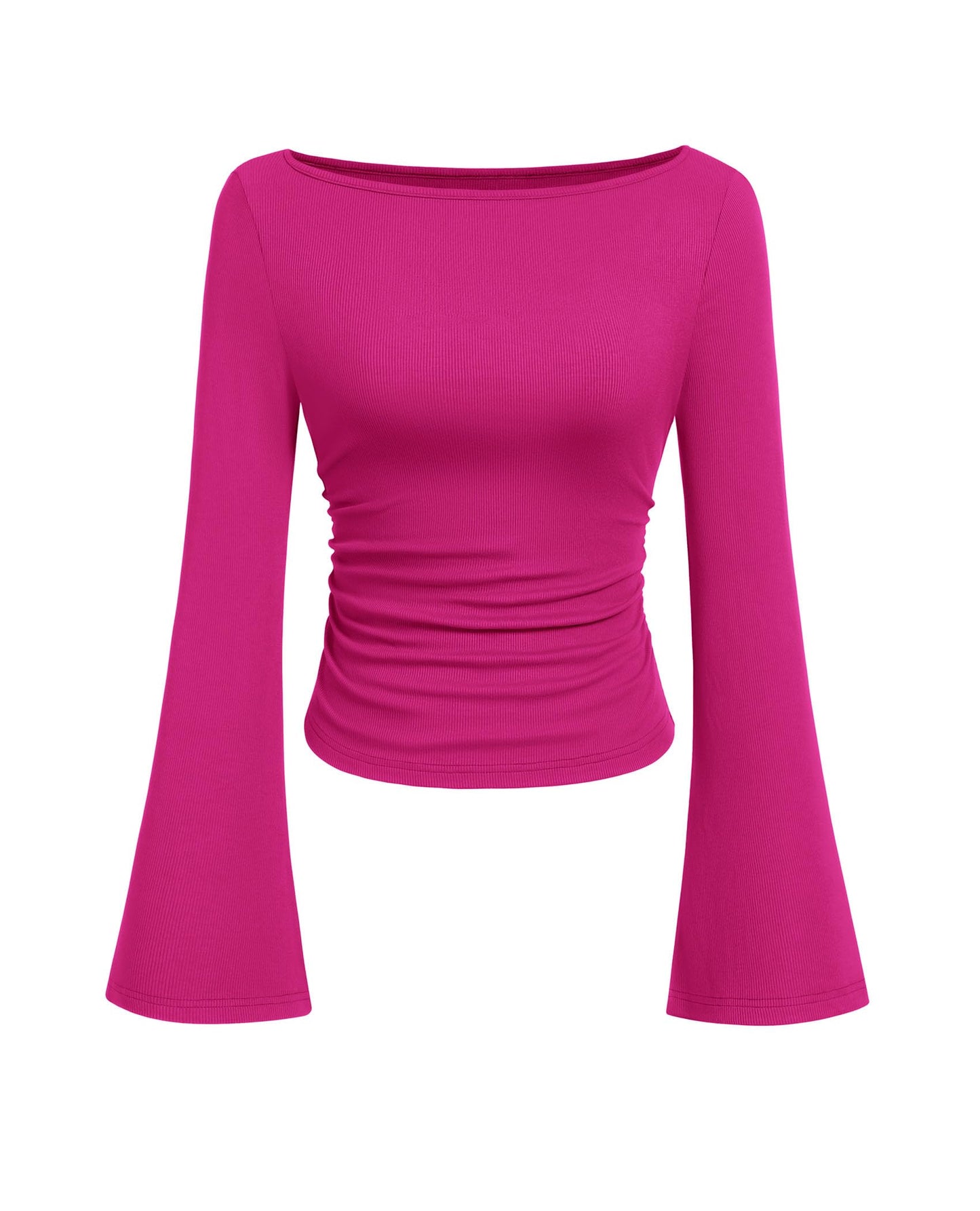 PRETTYGARDEN Women's Long Sleeve Shirts 2025 Fall Crop Going Out Tops Casual Boat Neck Bell Sleeve Ribbed Ruched Y2K Clothes