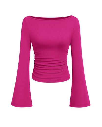 PRETTYGARDEN Women's Long Sleeve Shirts 2025 Fall Crop Going Out Tops Casual Boat Neck Bell Sleeve Ribbed Ruched Y2K Clothes