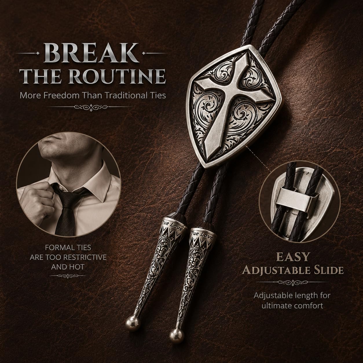 Doitby Vintage Bolo Tie Western Cowboy Cross Bolo Ties Leather Braided Necktie Necklace for Men Women