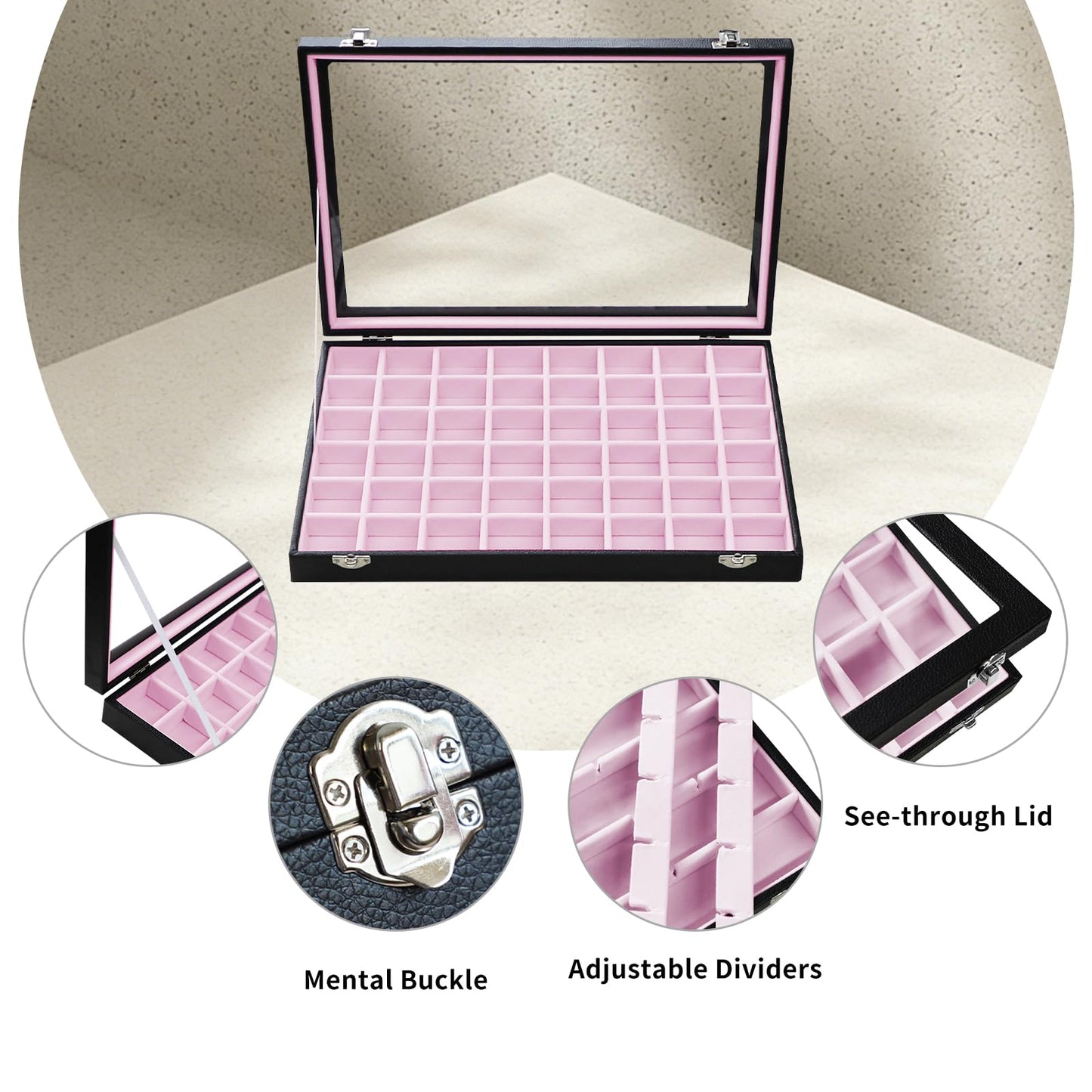 Stratalife Jewelry Organizer 48 Grid Jewelry Tray with Clear Lid Dust-proof Velvet Earring Organizer Necklace Rings Holder Display Drawer Storage Case for Women Pink Black