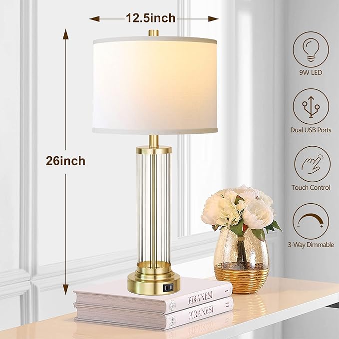 QiMH Touch Control Table Lamp Set of 2 with USB Ports, 3-Way Dimmable Nightstand Lamp with Fabric Cream Shade, Modern Bedside Lamp for Living Room Bedroom Reading, LED Bulbs Included