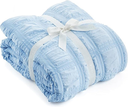 Cozy Bliss Cooling Comforter Twin Size Seersucker Plaid, Q-Max 0.4 Reversible Lightweight Cooling Blanket, Breathable Silk Smooth Summer Bedding Quilt for Hot Sleepers Night Sweats Blue