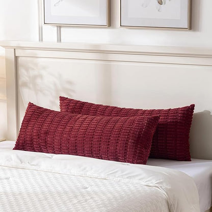Fancy Homi Burgundy Long Body Lumbar Decorative Throw Pillow Covers 14x36 Inch for Bed Couch Bedroom Bench, Soft Corduroy Rectangle Solid Pillow Case, Rustic Farmhouse Boho Room Decor