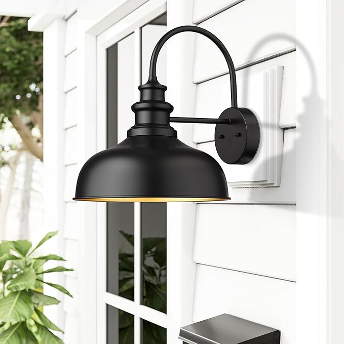 Bestshared 14 Inch Dome Gooseneck Barn Light, Farmhouse Wall Mount Light Fixture, Exterior Lighting Fixture Outdoor Sconce for Porch,Garage,Patio (Black+ Gold, 14” Dome-1Pack)