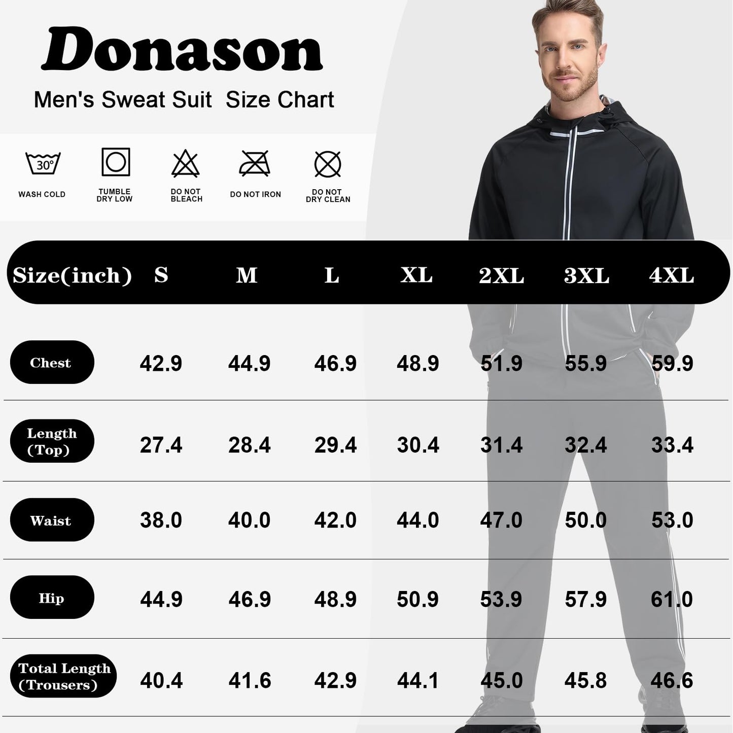 Donason Men's Sauna Suit Full Body Sweat Suit with Hood for Weight Loss Durable Jacket and Pants for Gym Workout Body Shaper Heat-Trapping Fitness Shapewear Long Sleeve Tracksuit with Zipper