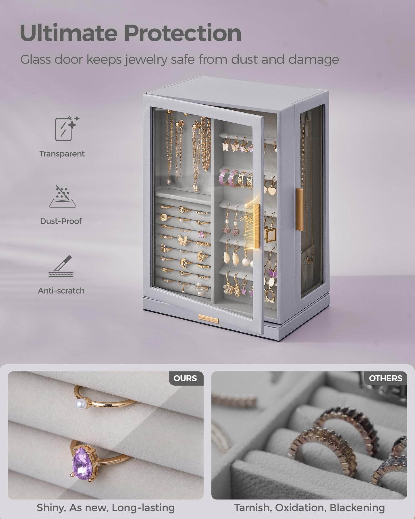 Glimmloop 360° Rotating Jewelry Box with 7 Drawers, Spacious Vertical Jewelry Organizer with Glass Window, Jewelry Storage Case, Dustproof & Moisture-resistant Design, Grey