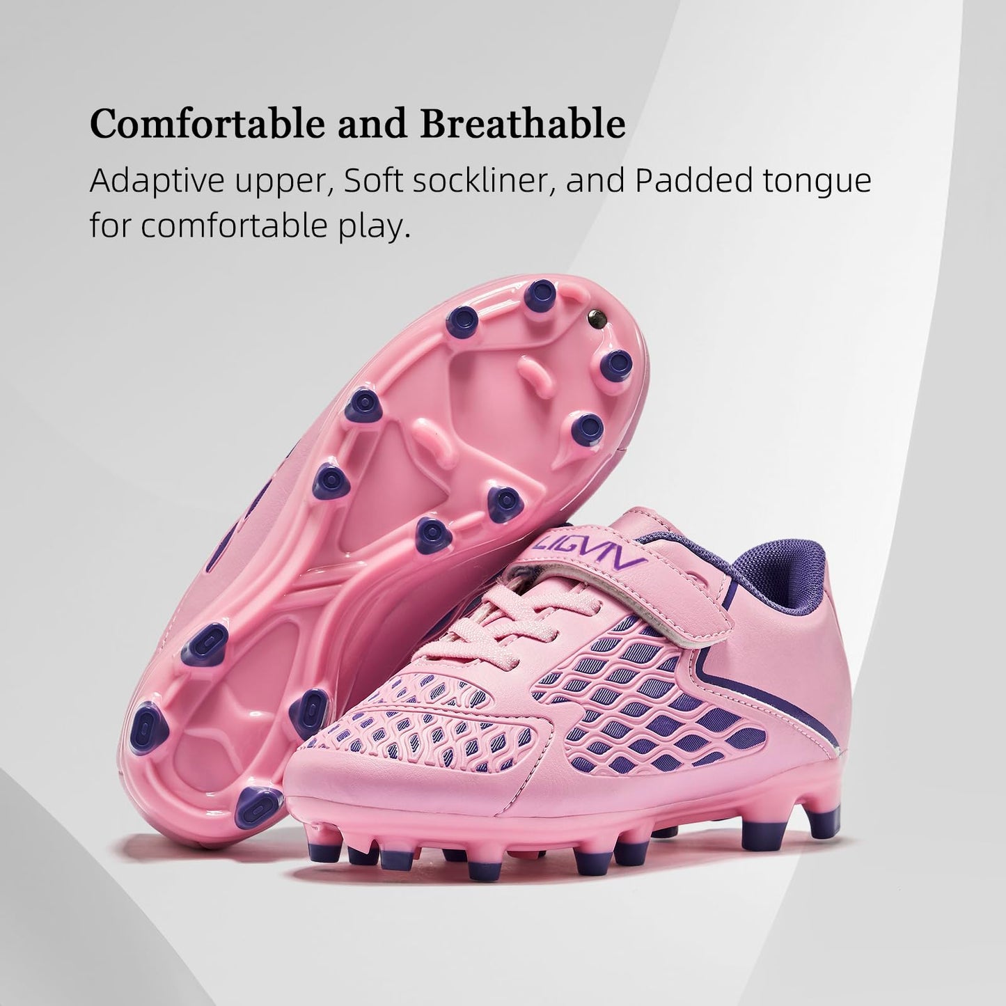 LIGVIV Girls Soccer Cleats - Laceless Kids Football Shoes - Pink and Purple - Outdoor Firm Ground - 12 Little Kid