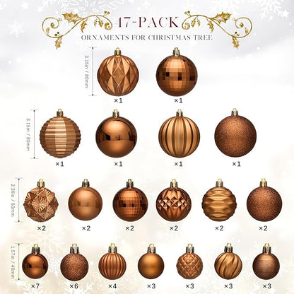 JORNOY Christmas Tree Ornaments Set, 47 Pack Assorted Shatterproof Hanging Balls Decorations, Plastic Bulbs Bulk with Lanyard for Home Holiday Party Decor, 3-Sizes (Caramel)