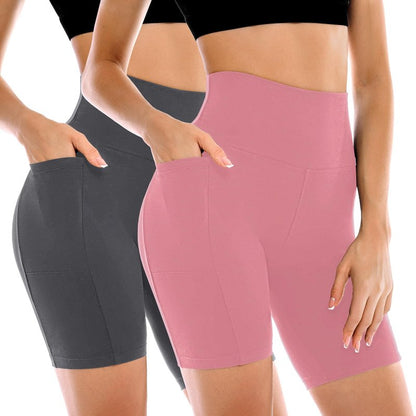 Leafigure 2 Pack Womens Biker Shorts with Pockets, High Waisted Tummy Control Yoga Shorts for Women Running Gym and Workout Dusty Pink/Grey L-XL