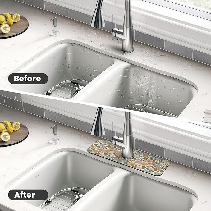 Faucet Draining Mat For Kitchen Sink, Colorful Flowers Floral Diatom Mud