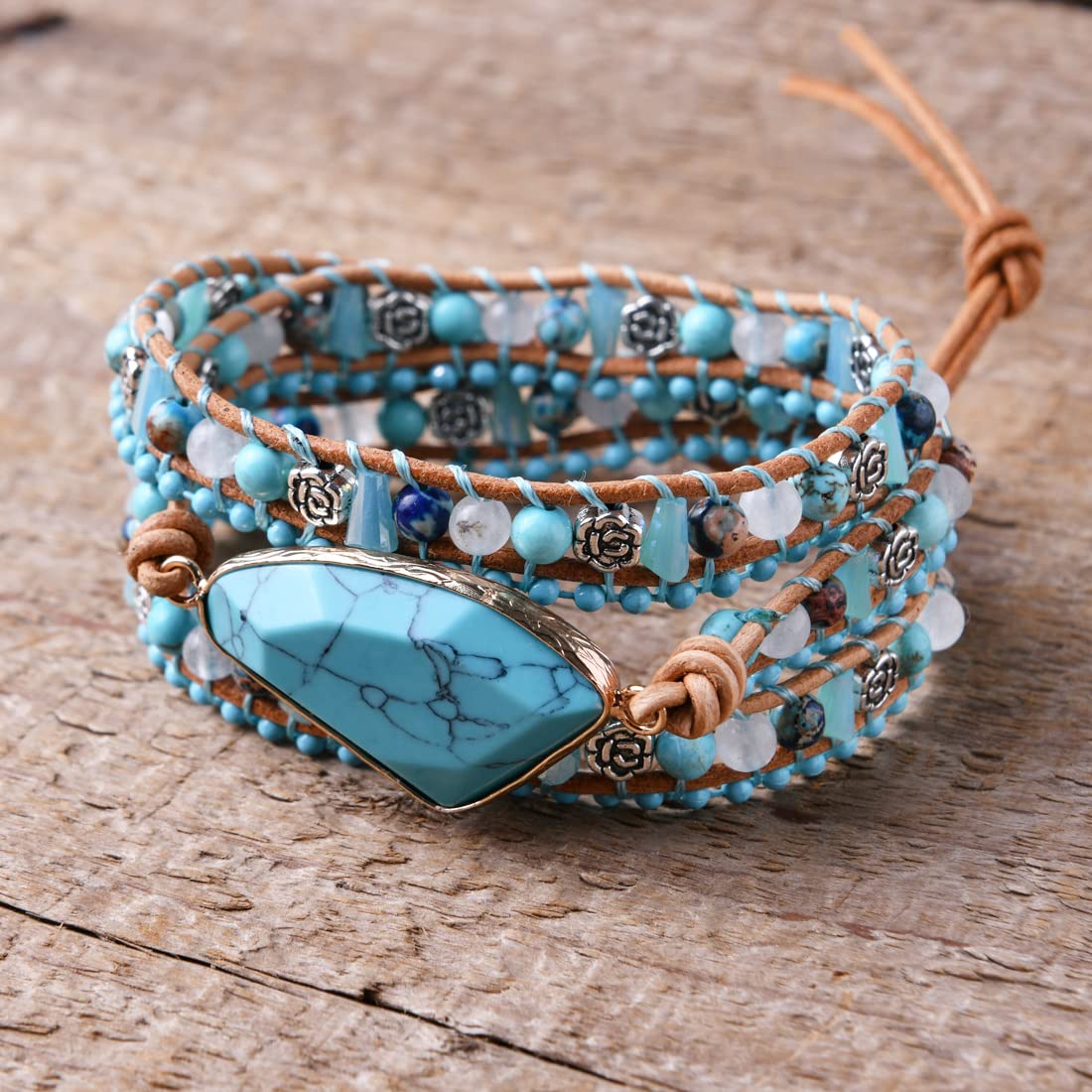 YGLINE Boho Handmade Wrap Leather Tube Crystal Stone Bracelet for Women (Turquoise-3 wrap)