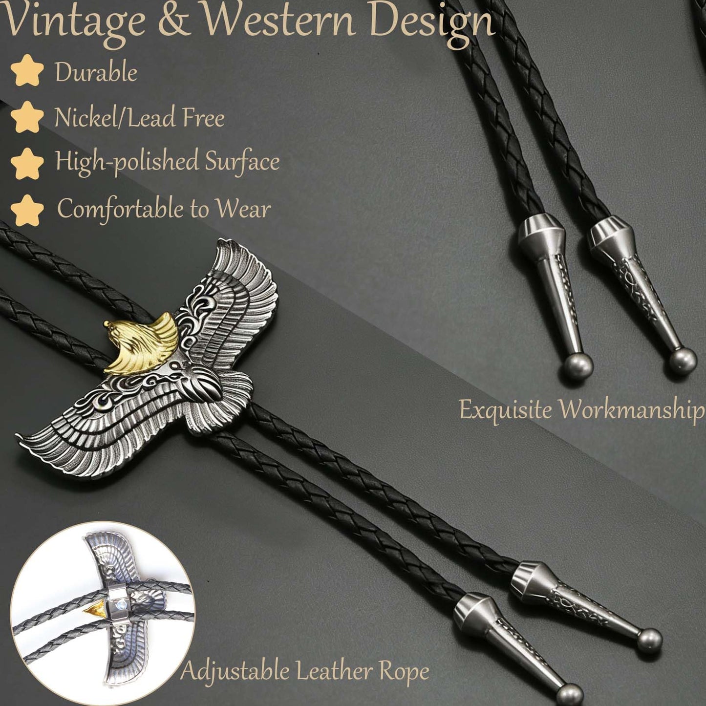 Daoofukeji 4Pcs Western Cowboy Bolo Tie for Men - Retro Engraved Alloy Pendant & Braided Leather Rope Necktie,Cowboy Ties Necklace Perfect for Daily Wear, Cosplay, Party, and Holiday Gifts