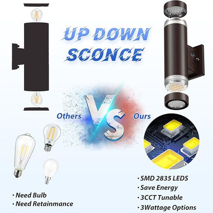 dephen Outdoor Up Down Wall Light, Dusk to Dawn LED Exterior Sconces Light 3000K/4000K/5000K /10W/20W/30W Adjustable, Brown Aluminum Modern Cylinder Porch Lights (UL-Listed)