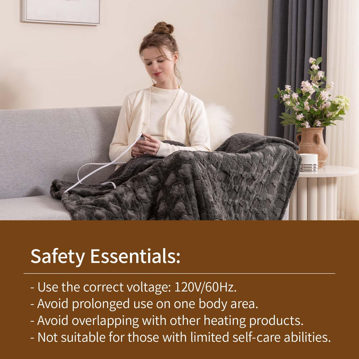 Bearhug Electric Blanket King Size 100" x 90", Dual Controller Heated Blanket, White Flower Patterns Faux Fur & Warm Sherpa, 10-Heat Levels & 1-12H Auto Off,ETL, Machine Washable