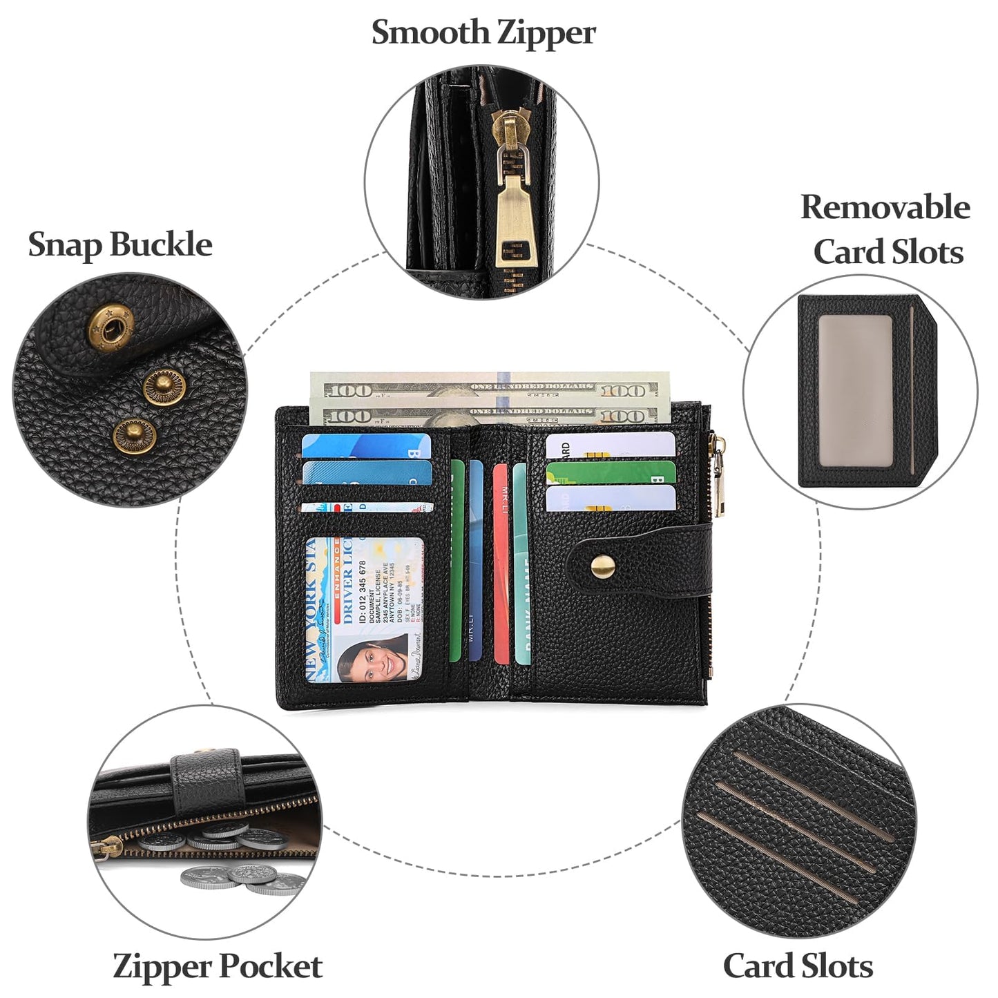 GAEKEAO Small Wallets Woman RFID Blocking Leather Bifold Card Holder Wallets with Zipper Pocket Removable ID Window