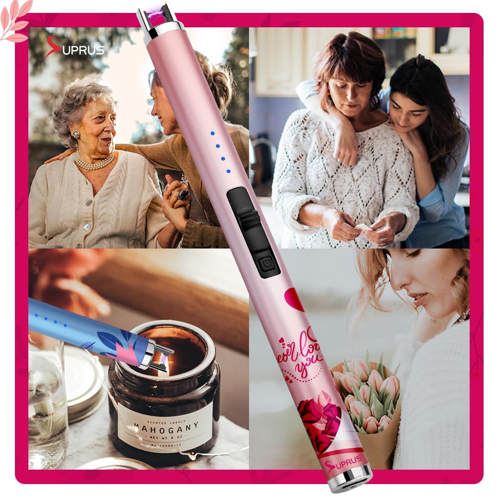 SUPRUS Candle Arc USB Type C Lighter Electric Lighter with Upgraded LED Battery Display Safety Switch Rechargeable Flameless Plasma Windproof Portable for Mother‘s Day (Pink)