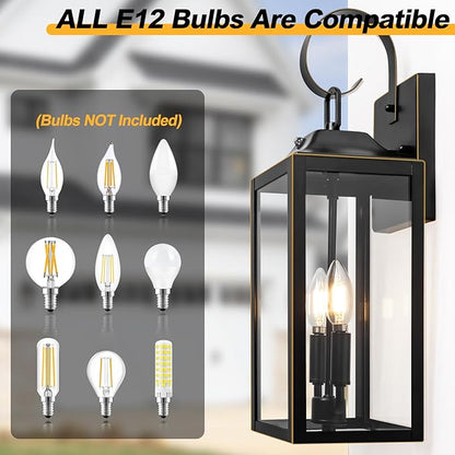 Large Dusk to Dawn Outdoor Lighting - 19" Black Outside Wall Mount Light Fixture with Gold Trim, Exterior Farmhouse Wall Sconce Lantern, Modern Porch Light Exterior Lamp for House 2-Light (1 Pack)