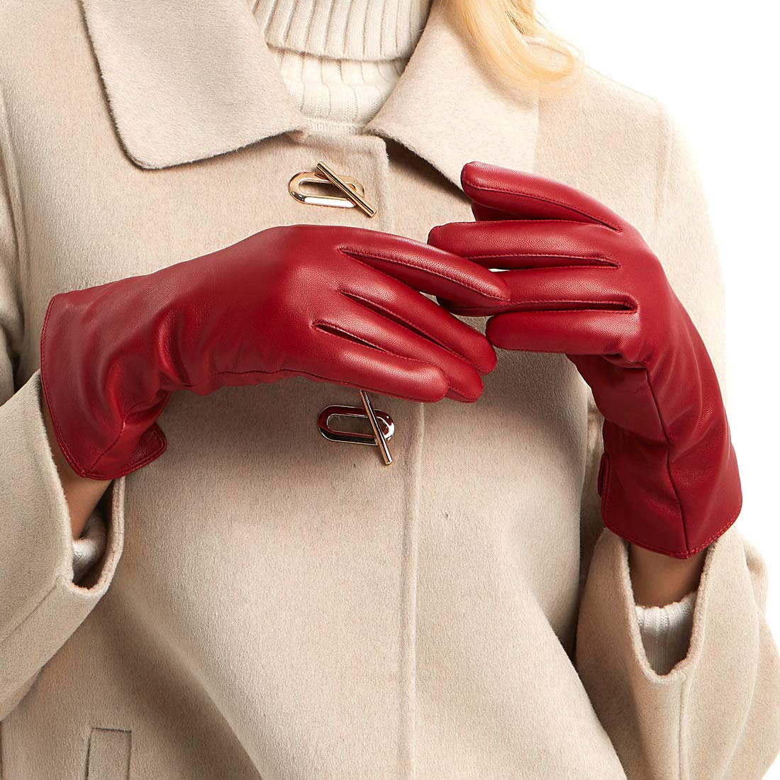 MGGM collection Womens Nappa Lambskin Leather Gloves Cashmere Lining,Cognac,Large
