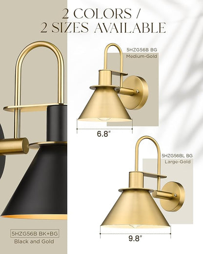 Wall Sconces for Bathroom Set of 2, HWH Wall Mount Lighting with Metal Shade, Gooseneck Gold Wall Lights for Living Room Mirror Kitchen, Gold Finish, 5HZG56BL-2 BG