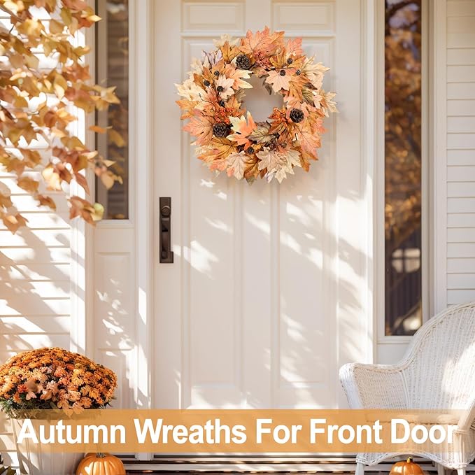 22 Inch Fall Wreaths for Front Door Outside Timer Function Pinecones Berries Autumn Fall Wreaths with 30 Warm Lights Decorations for Home Wall Porch Door Yard Harvest Mantle Fireplace Window Decor