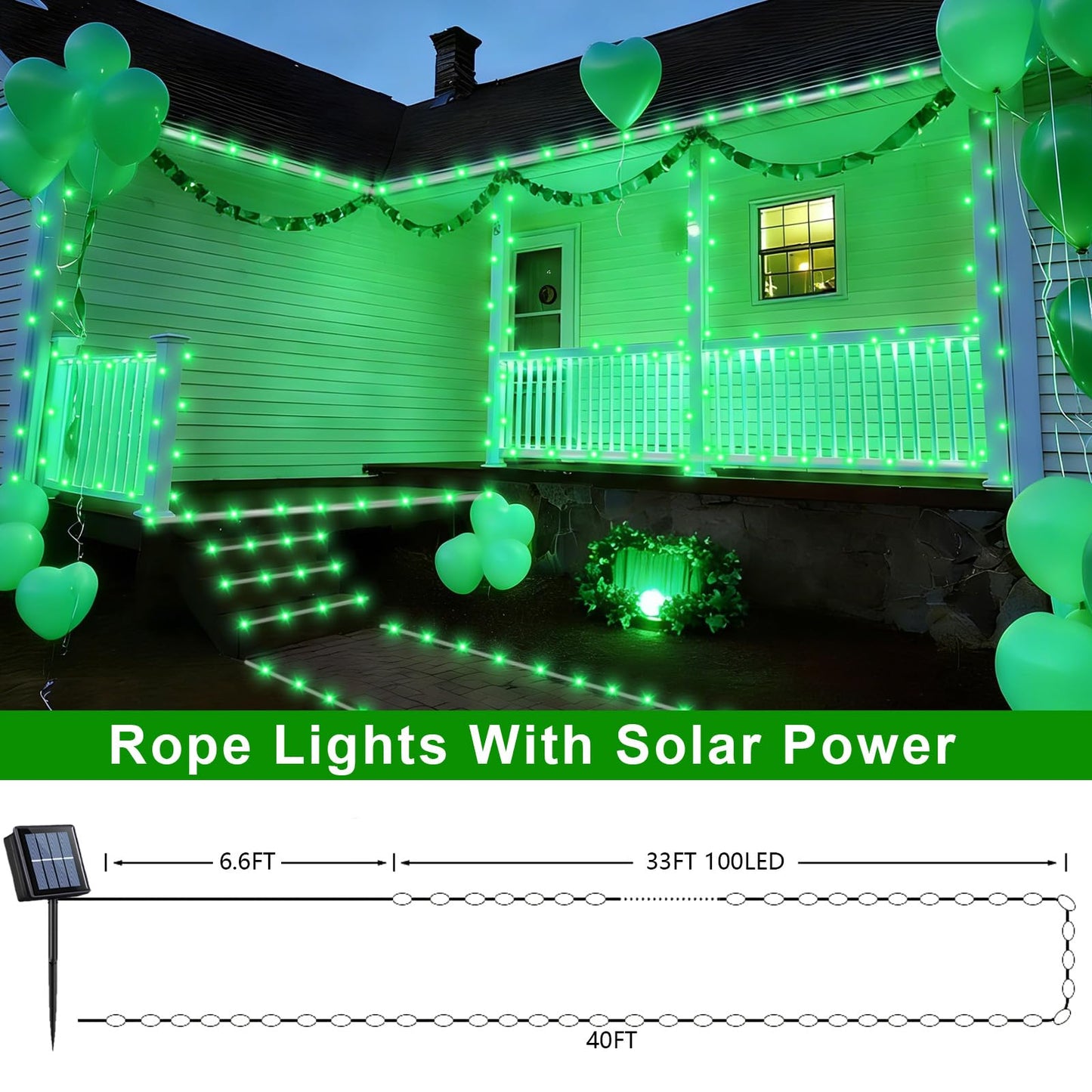 QITONG 2 Pack Green Solar Rope Lights, Each 33ft 100 LED String Lights Outdoor, 8 Modes Fairy Lights in Clear PVC Tube