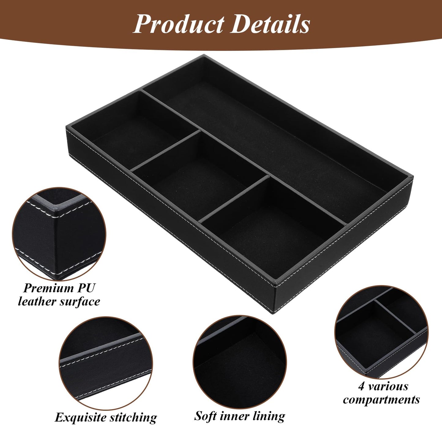 Afcabakila 2 Pieces Leather Valet Tray Nightstand Drawer Organizer Stackable Jewelry Organizer For Drawer Key Wallet Sunglass Watch Coin Phone Bedside Dresser Top Tray Black