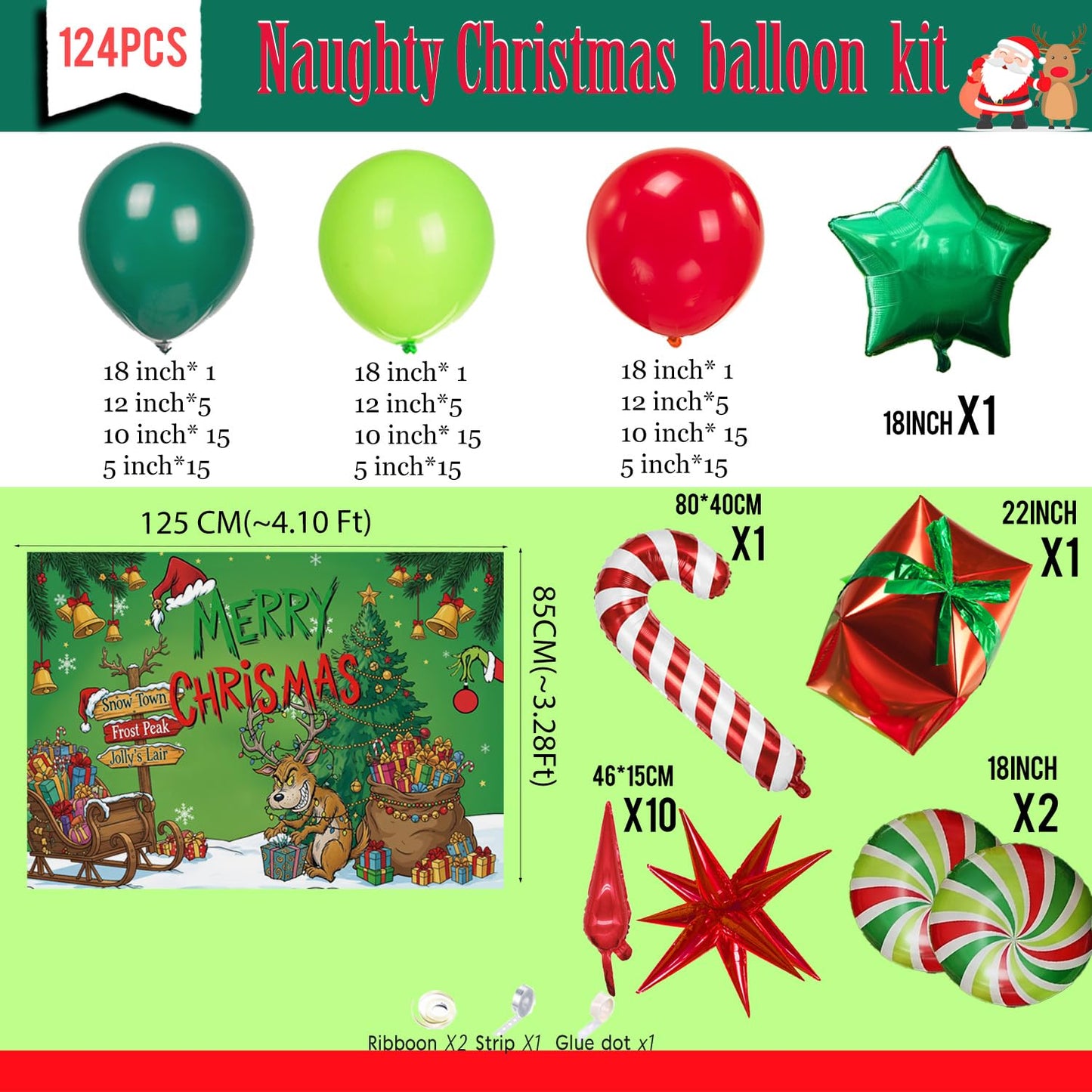 Christmas Balloon Garland Arch Kit with backdrop Xmas Red Green Balloons Candy Cane Santa Claus Star Foil Balloons for Christmas New Year Birthday Party Decorations