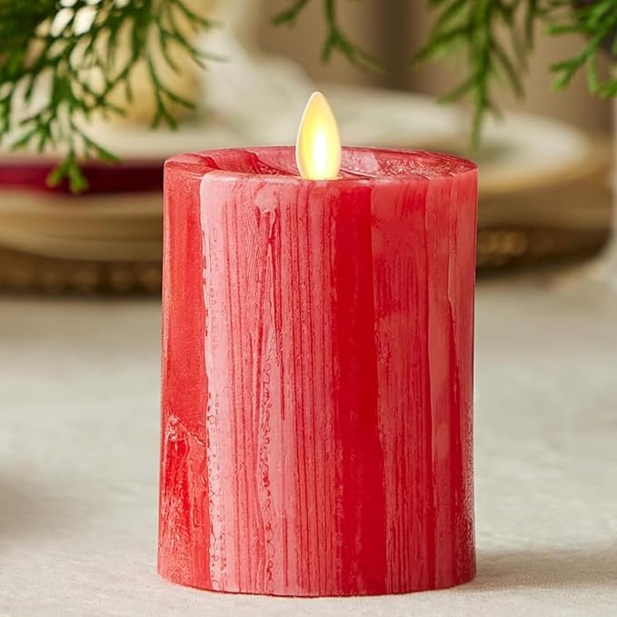 Luminara Selenite Looking Flameless Candle, Holiday Red 3" x 4.5", Battery Operated Real Wax Moving Flame LED Pillar w/Timer, Home Decor Unscented