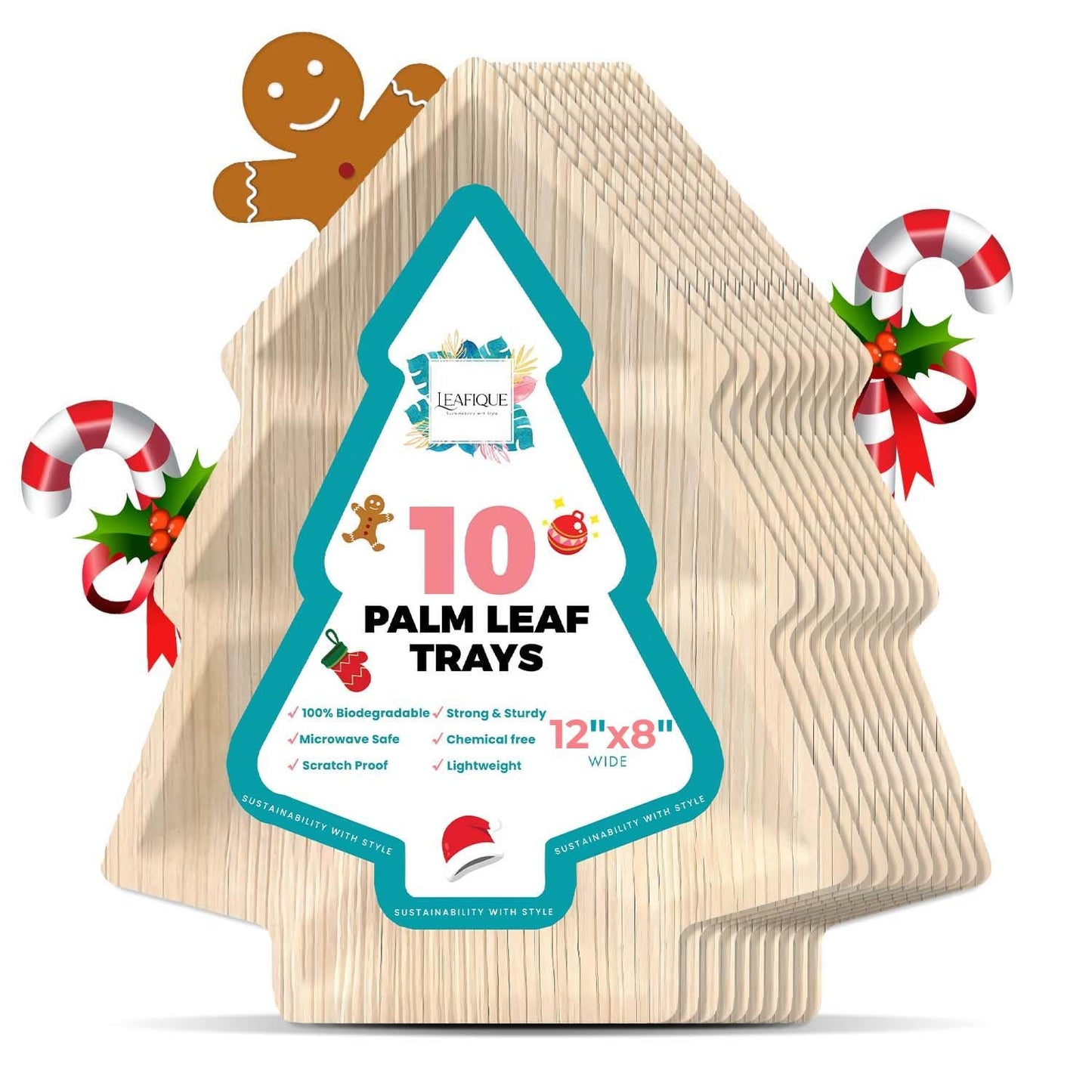 LEAFIQUE 12 x 8 Inch Palm Leaf Christmas Tree Trays – Eco-Friendly Charcuterie Board Tray, Biodegradable Disposable Holiday Serving Platters (Pack of 10)