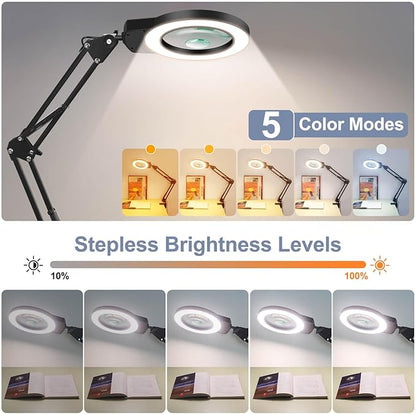 Magnifying Glass Light Clamp Desktop Lamp Stand Desk Table Close Work Up for Crafting, Model Assembly, Reading, Sewing, Jewelry Making, 10X-5X HD Magnifier 50 illumination Options for Elderly