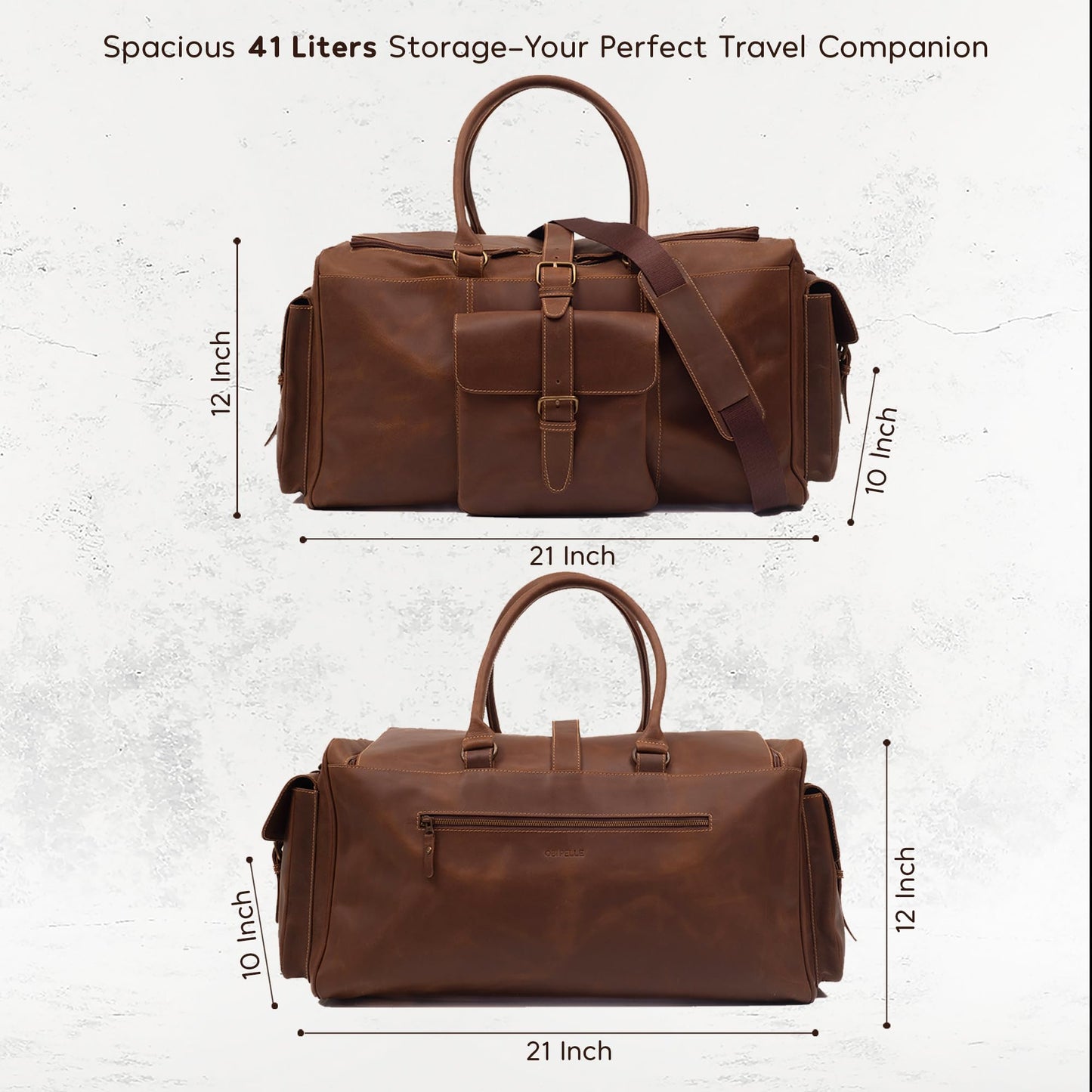 OBI PELLE® Premium Leather Duffle Bag for Travel - 21 Inches | Leather Travel Bag with Adjustable Shoulder Strap - Large, Weekend Overnight Luggage Bag for Men & Women