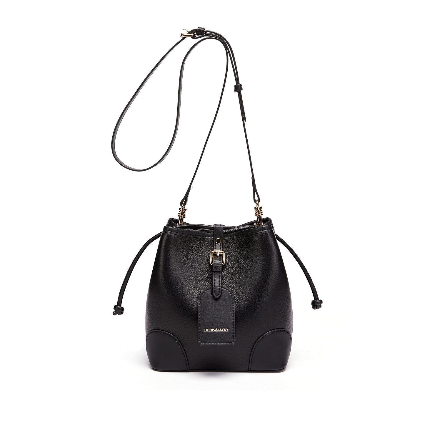 DORIS&JACKY Leather Drawstring Shoulder Bag Small 2 Way Bucket Crossbody Purse For Women (1-Black)