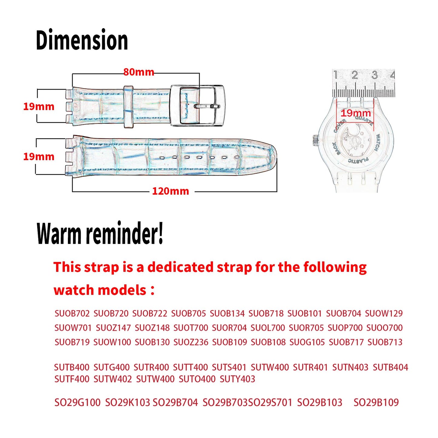 unilabo Leather Watch Band Compatible for Swatch 17mm 19mm (not for skin series) Strap Replacement for men and women wirst watchband, 19mm Black