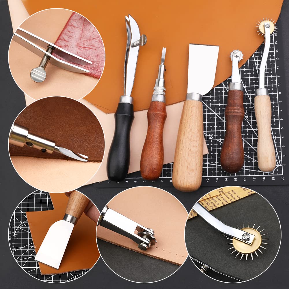 TLKKUE Leather Working Kit - Beginner's Leather Crafting Tool with Storage Bag, Leatherworking Tooling Kit for Sewing, Carving, Punching, Cutting, Stamping Tools