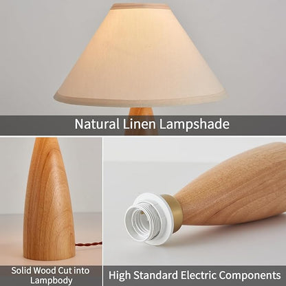 Bedside Table Lamp for Bedroom, Mid-Century Modern Plug in Fabric Shade & Solid Wood Base Desk Lamp, Plug & Play Natural Wood Nightstand Lamp for Living Room, Office, Switch Power Cord 【Bulb Included】