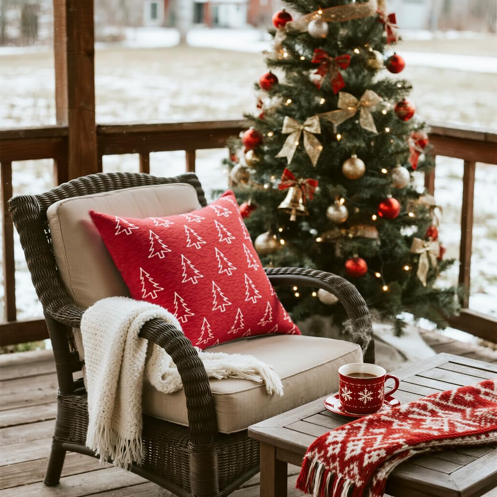 Auomily Christmas Chenille Pillow Covers 20x20 Set of 2, Reversible Snowflake & Tree Design, Cozy Farmhouse Holiday Throw Pillowcases with Hidden Zipper for Sofa, Couch and Bed(Red,20x20)