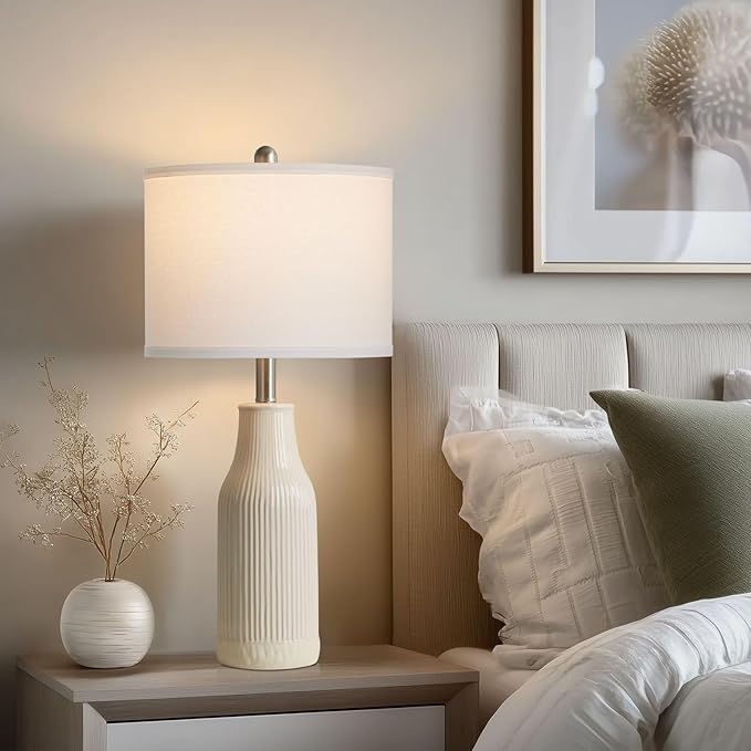 24.5" Modern Ceramic Table Lamp for Nightstand, Farmhouse Bedside Lamp for Bedroom, Small Table Lamps for Living Room End Table, Beige (1 Pack)