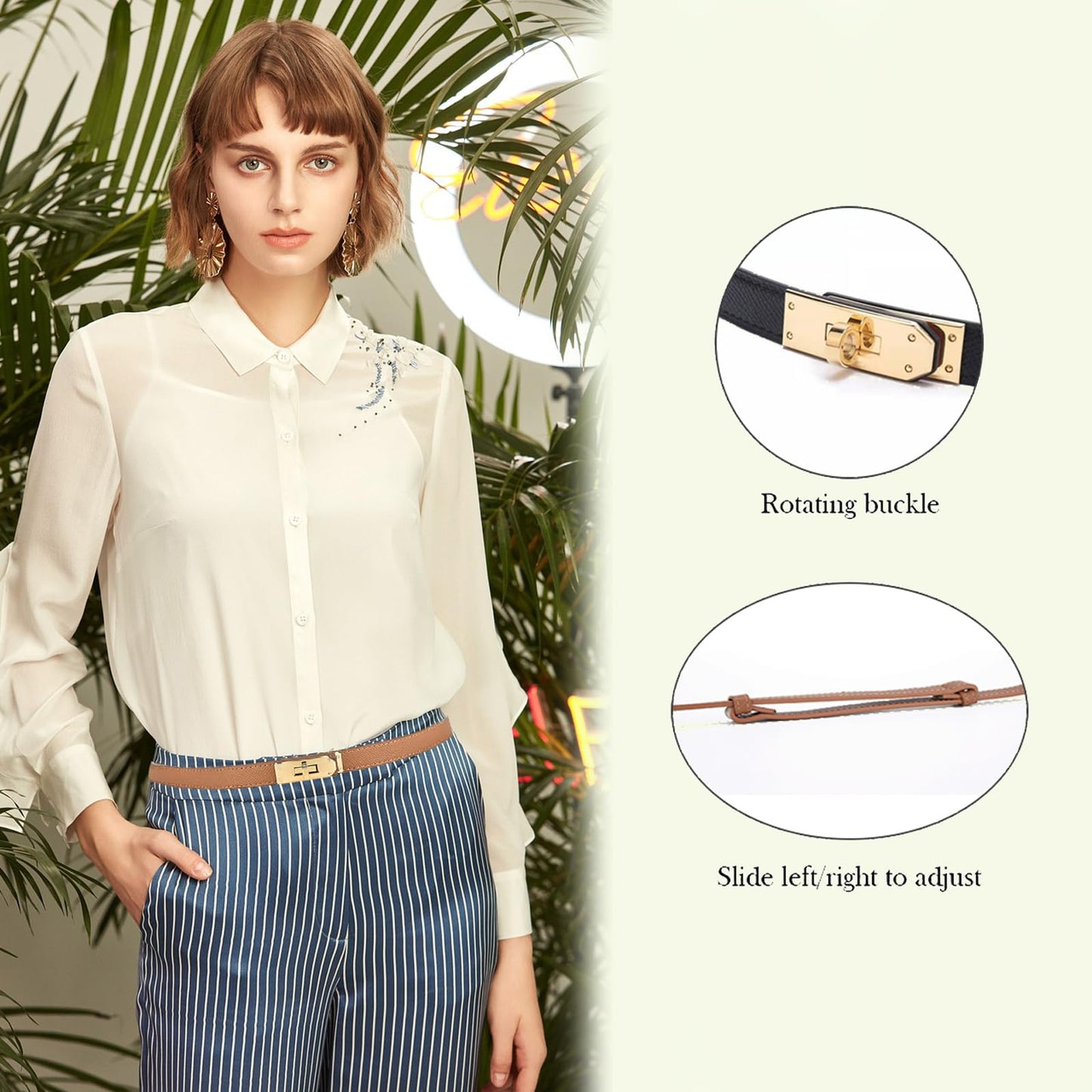 Ovekaut Women Skinny Leather Belt Solid Color Alloy Turn Lock Adjustable Waistband for Dresses Jeans Coats (White/Gold)