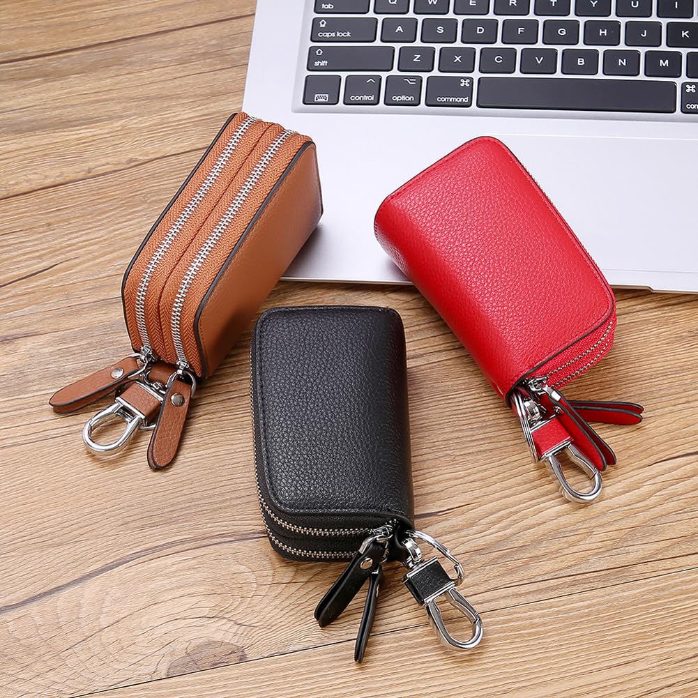 Berfi Life Key Fob Case Genuine Leather, Double Zipper Car Key Holder & Key Wallet with Keychain, Key Pouch for Purse Gift