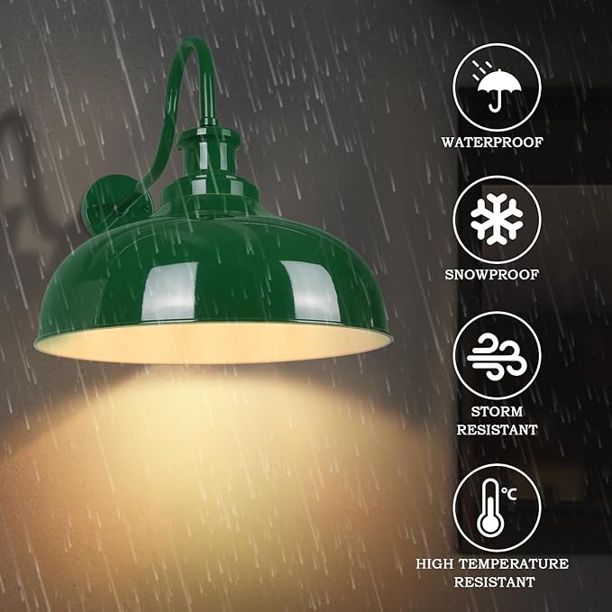 Outdoor Gooseneck Barn Lights, 16 Inch Dome Rustic Outdoor Wall Sconces, Farmhouse Exterior Wall Mount Lighting Fixture, Industrial Green Wall Lantern for Porch, Entryway, Garage, RZ007L-2 GR+WH