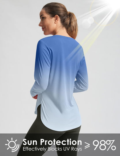 Women's Sun Shirts UPF 50+ Long Sleeve UV Protection Shirt Lightweight Quick Dry Workout Hiking Tops for Women(Blue/White Gradient,XS)