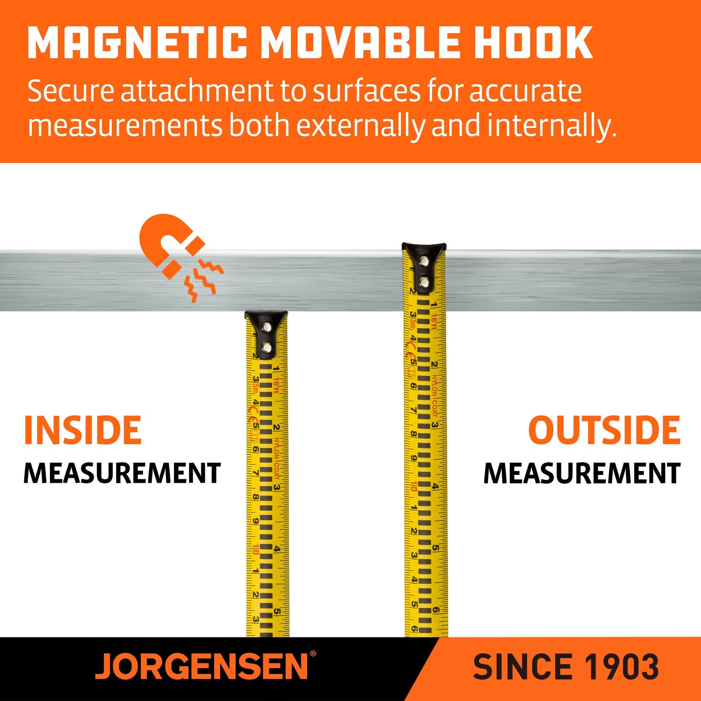 JORGENSEN Digital Tape Measure, 16Ft Rechargeable Digital Measuring Tape Ft/Ft+in/in/M/CM/MM Unit, Metric & Inches Tape Measurement Tool for Pythagorean, Area, Volume