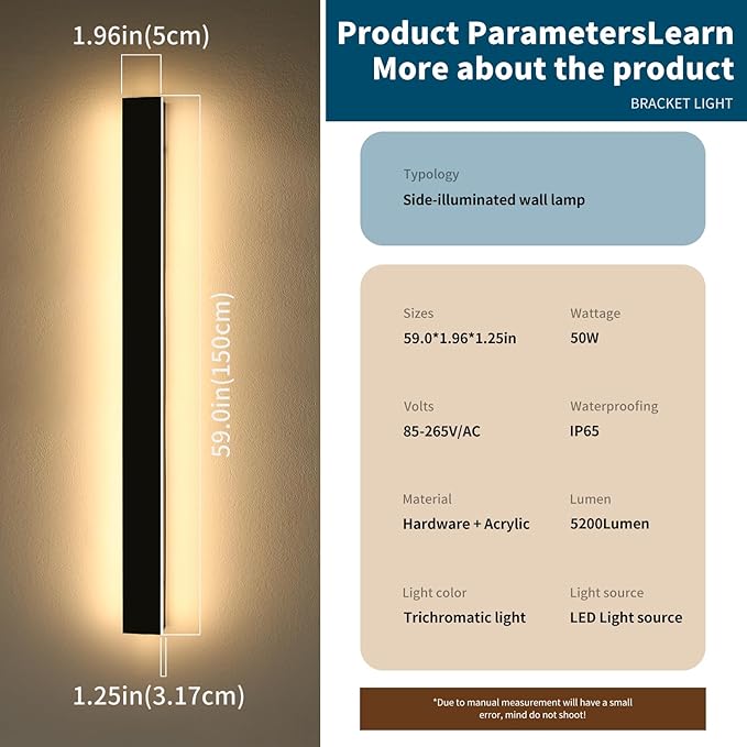 59inch Modern Outdoor Wall Lights, Outside Linear Wall Light, 3 Color Lights 3000K/4500K/6000K, IP65 Waterproof, Frosted Acrylic, Black Exterior Wall Sconce for Porch Doorway Patio Garage Garden