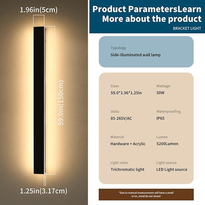 59inch Modern Outdoor Wall Lights, Outside Linear Wall Light, 3 Color Lights 3000K/4500K/6000K, IP65 Waterproof, Frosted Acrylic, Black Exterior Wall Sconce for Porch Doorway Patio Garage Garden