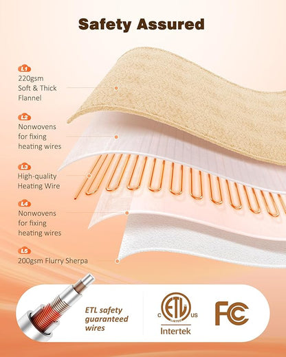 Wearable Heated Blanket - Cozy Gift for Women, Mom, Men| Reversible Flannel & Sherpa Electric Wrap with Pockets & Hood, 6 Heat Levels, 1-4H Timer, ETL Safe, Machine Wash, 50"x70" Beige