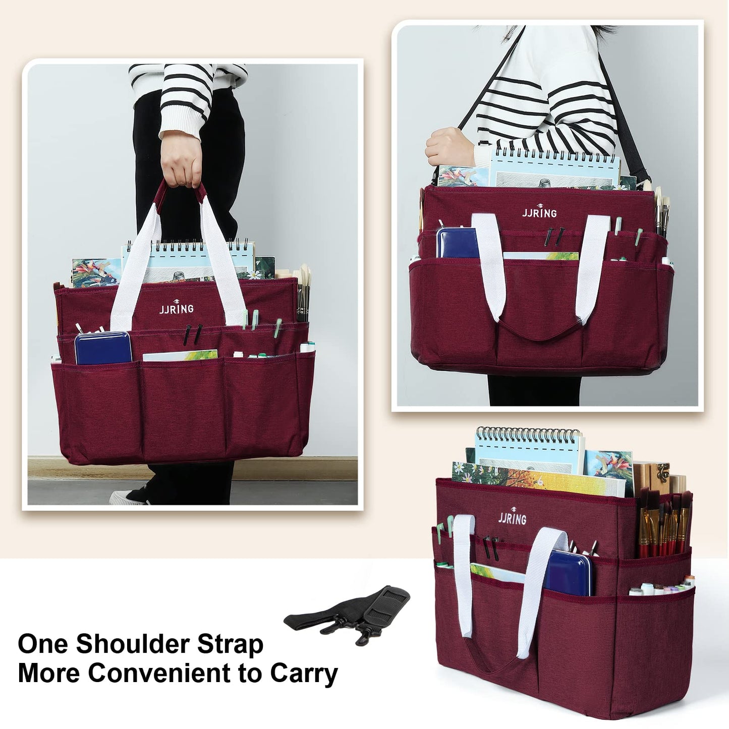 JJRING Craft Organizer Tote Bag, Large Art Storage Caddy with Multiple Pockets, Dark Red Sewing Bag for Art, Craft, Scrapbooking, Medical, and Office Supplies Storage